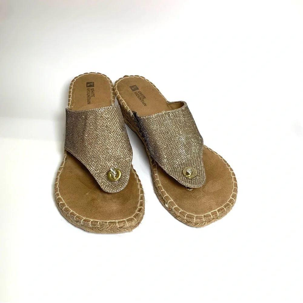 Gold Sparkly Espadrille Wedge Thong Sandal Shimmer Metallic Flip Flop Boho Sz 9